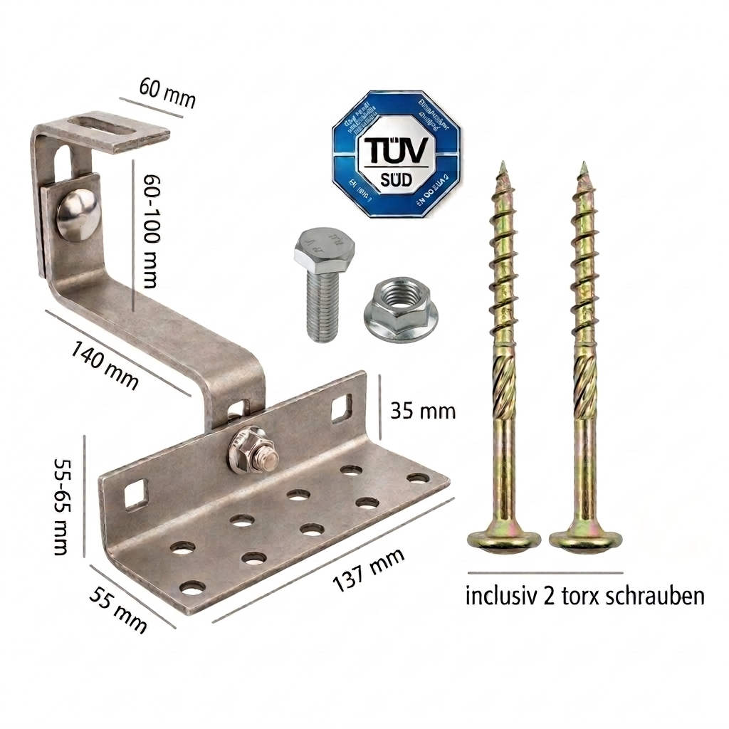Dachhaken 3-fach verstellbar 140mm H17 für Ziegeldach - Edelstahl extra verstärkt (Komplettset)