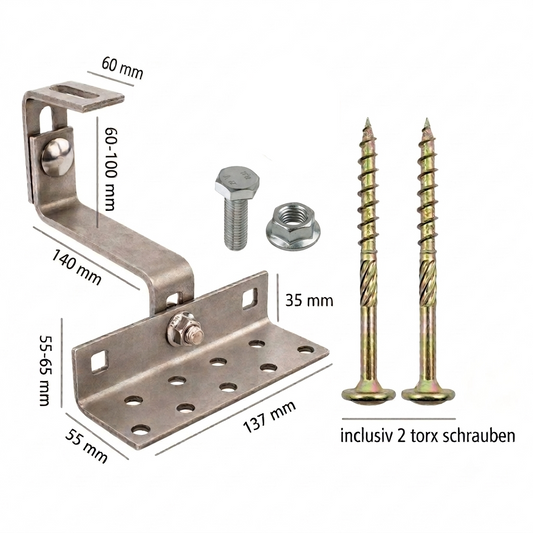Dachhaken 3-fach verstellbar 140mm H17 für Ziegeldach - Edelstahl extra verstärkt (Komplettset)